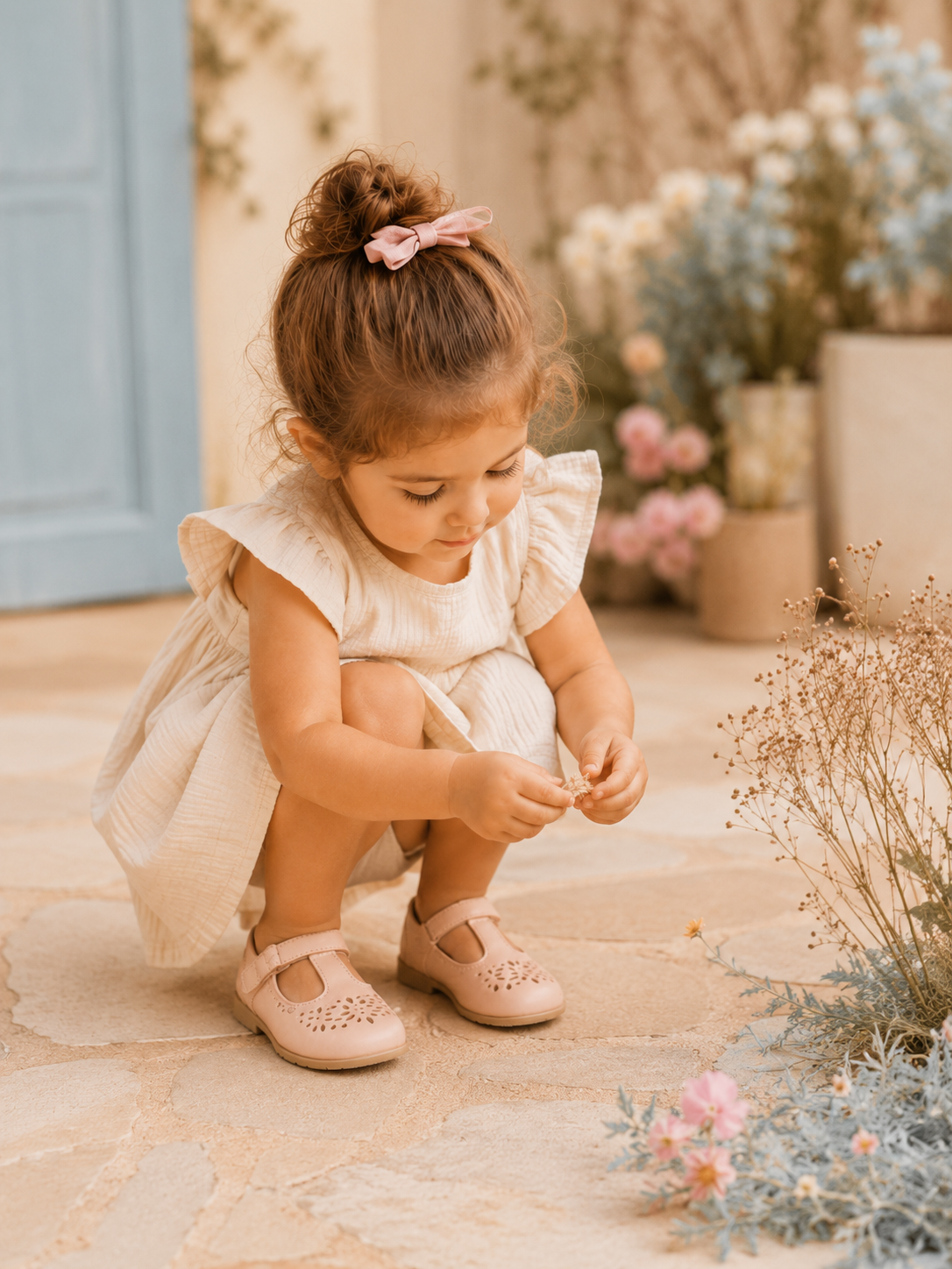 Niña pequeña mirando una flor