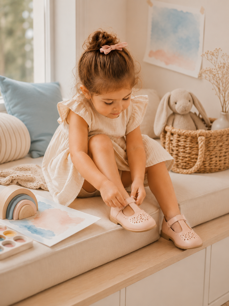 Niña abrochándose su zapato