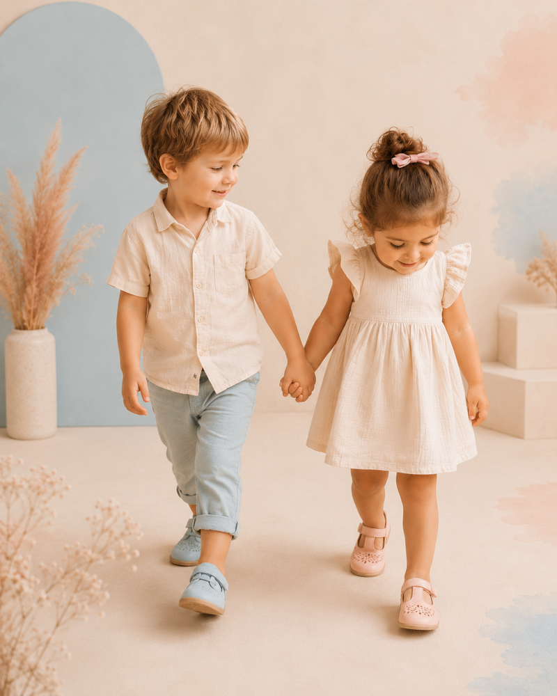 Niña y niño caminan de la mano