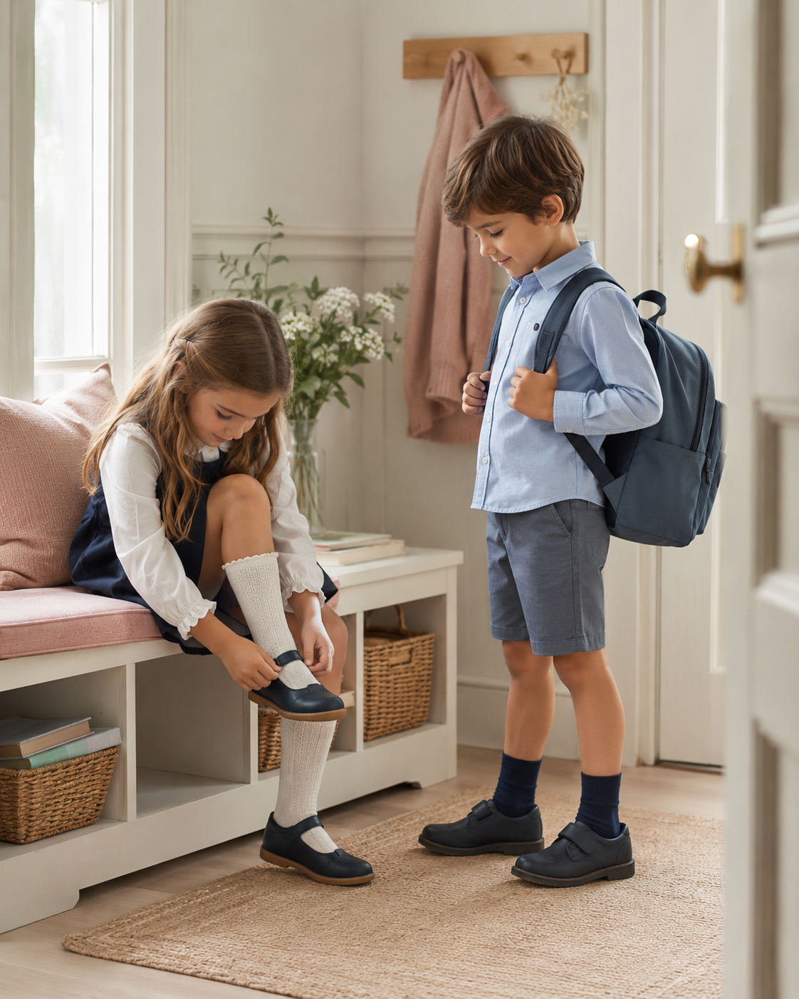Niña y niño preparándose para ir al colegio